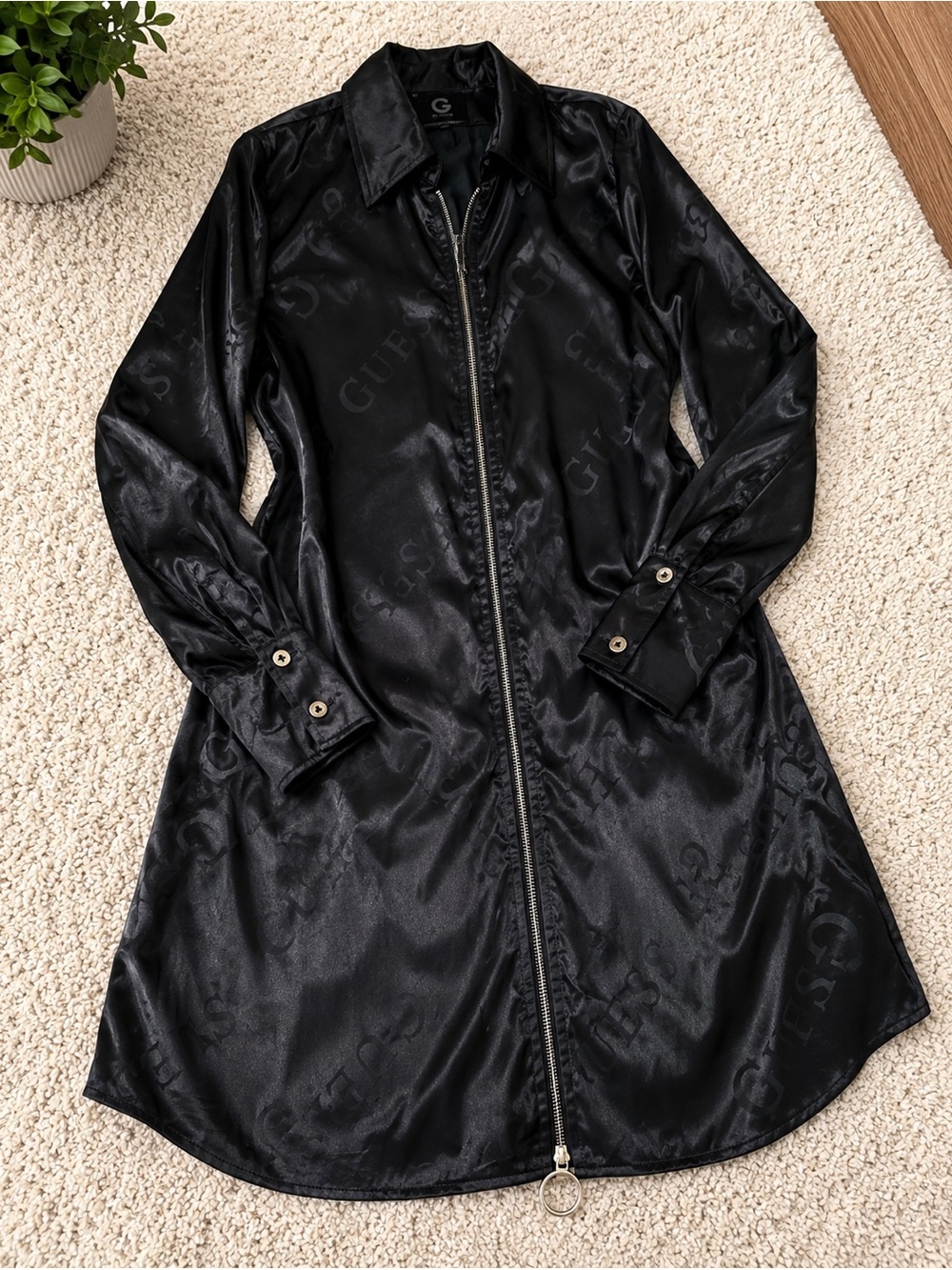 Guess Black Long Trench Coat with Subtle Monogram